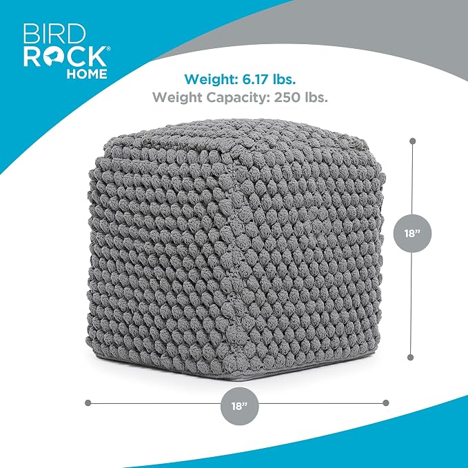 BIRDROCK HOME Square Pouf Ottoman Foot Rest - 18” Compact Comfortable Soft Cotton Knit Bean Bag Floor - Chair Foot Stool Seat for Living Room, Bedroom, or Kids Room (Grey Bud)