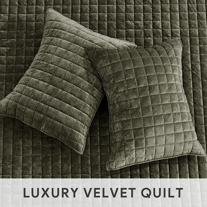 RECYCO Luxury Velvet Quilt Set Full Queen Size, Lightweight Velvet Comforter Set, Oversized Bedspread Coverlet Quilted Bedding Set, with 2 Matching Pillow Shams, for All Season, Olive Green