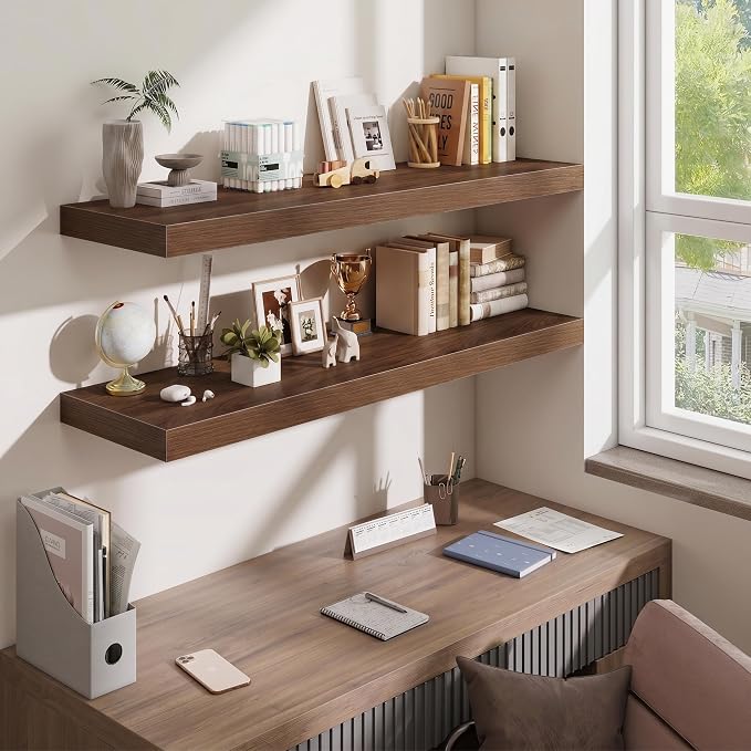 Fun Memories 48 Inch Floating Shelves for Wall - 12 Inch Deep Fireplace Mantel Shelf - Wood Floating Shelf for Wall - Large Storage Shelves Wall Mount for Living Room & Bedroom - Walnut - Set of 1