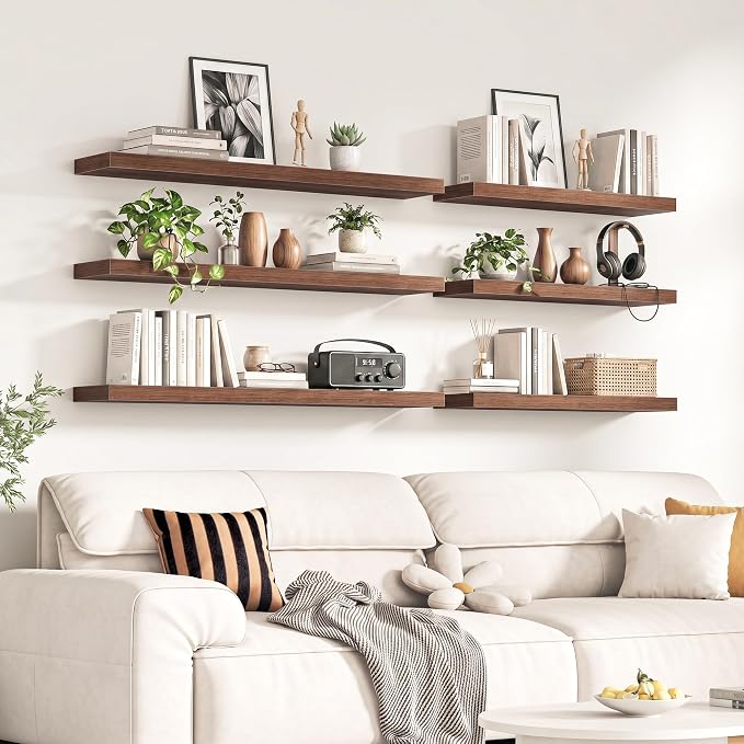 Fun Memories 67Inch Long Floating Shelves, 8 Inch Deep Shelves for Bedroom|Living Room, Wall Mounted Wood Hanging Shelf with Invisible Brackets for Fireplace Mantel Home Storage Decor, Walnut - 2 Pack