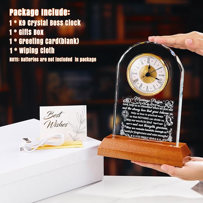 Ornalrist Wedding Gifts for Couples 2026 - Glass Clock with Wooden Light Base Happy Anniversary Marriage Prayer Wedding Gifts for Bride and Groom Engagement Newlywed Mr Mrs Gifts