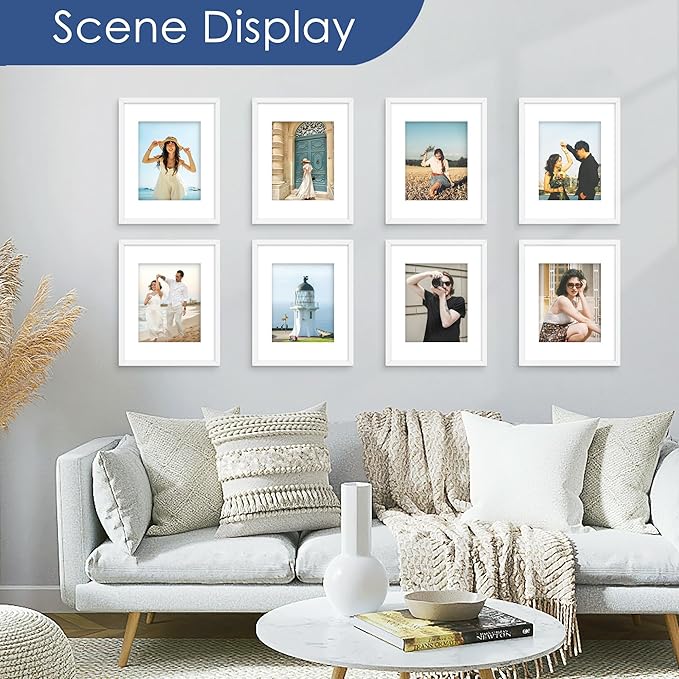 PEALSN 11x14 Picture Frame Set of 6, Display Pictures 8x10 with Mat or 11x14 without Mat for Wall Mounting or Table Top Display, Photo Frames Collage for Wall Decor, White.