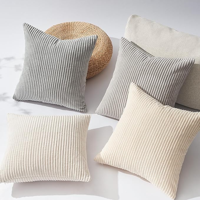 Topfinel 4 Packs Neutral Decorative Throw Pillows Covers 18x18 Inch for Living Room Couch Bed Sofa, Rustic Farmhouse Boho Home Decor, Soft Plush Striped Corduroy Square Cushion Case 45x45 cm