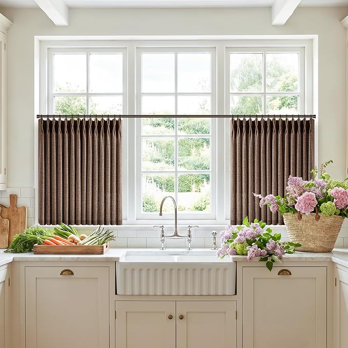 Short Pinch Pleated Dark Brown Curtains 24 Inches Rustic Vintage Light Filtering Decorative Small Window Curtain for Kitchen Dining Room Semi Sheer Privacy Flax Linen Pleat Drapes 24 Inch Length