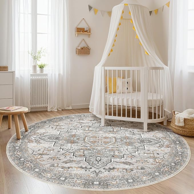 Round Rug Living Room Rugs: 7x7 Washable Boho Neutral Large Circle Soft Indoor Floral Stain Resistant Floor Farmhouse Carpet for Bedroom Nursery Kids Playroom Office Dining Room- Taupe