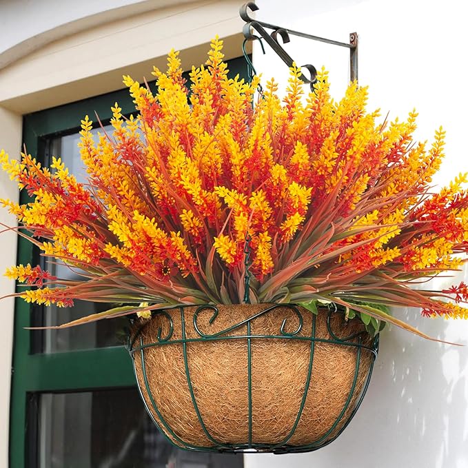 Grunyia 20 Bundles Artificial Plants Outdoor Fake Monkey Grass with Flowers (Fall Red)