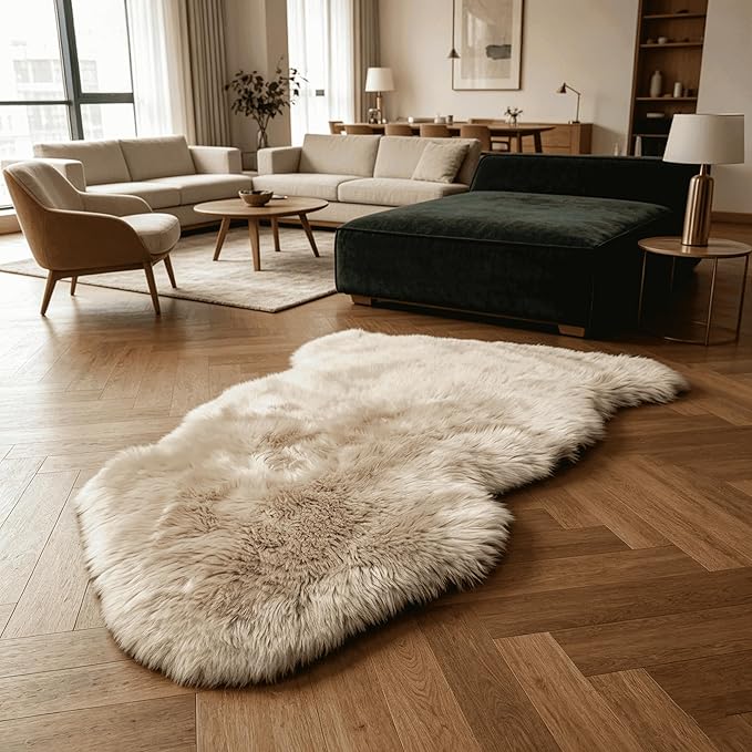 Fluffy Patchwork Sheepskin Rug with Little Patches, Fuzzy Shaggy Fur Genuine Wool Area Carpet for Bedroom Living Room Floor, Pray Pup Mat, Chair Sofa Seat Cover, Cream Brown, 2' x 3'