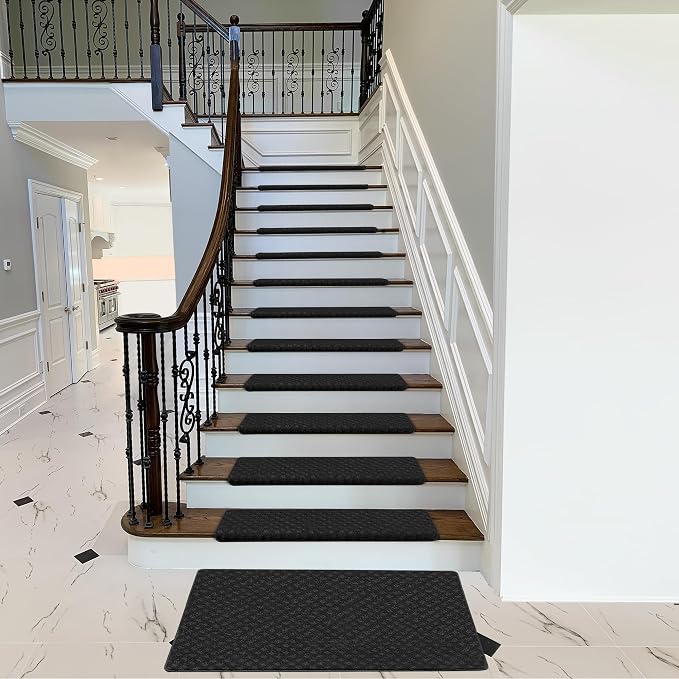 PURE ERA Bullnose Carpet Stair Treads Tape Free Non-Slip Indoor Stair Protectors Pet Friendly Stair Treads for Wooden Steps 9.5" x 30"(2 Pieces,Black Mini-Diamond Trellis)