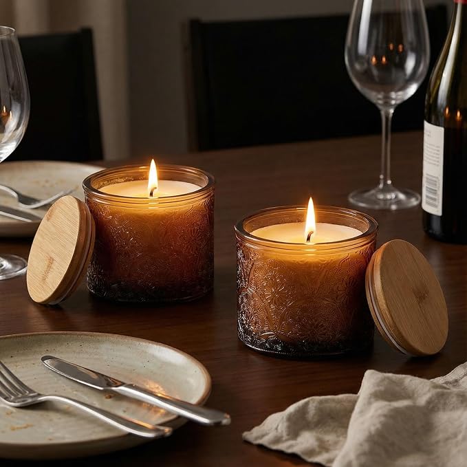 10 oz Mocha Mandala Glass Candle Jars with Bamboo Lids, 9 Pack | Patented Embossed Design, Includes Wick Centering Devices & Warning Labels, Multiple Color Options