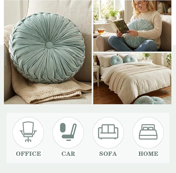 Drydiet 1 Pcs Round Throw Velvet Pillows Decorative Pleated Throw Pillows Diameter Accent Pumpkin Boho Chair Cushion for Couch Sofa Home Decoration (Sage Green,15'')
