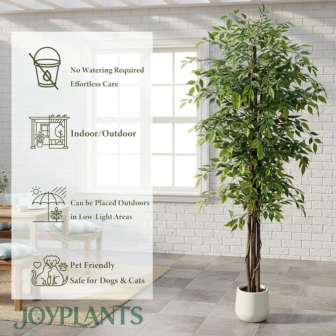 7ft Tall Artificial Ficus Tree in White Pot, Straight Trunk Fake Ficus Tree with Lush Green Leaves, Faux Potted Plant for Indoor Outdoor Home Office Living Room Patio Decor
