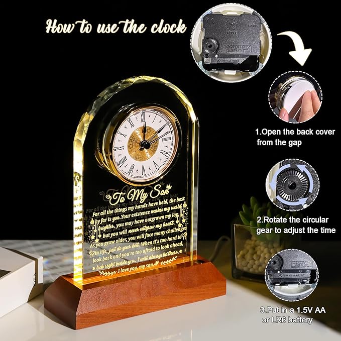 Arikyrist Meaningful Glass Clock Gifts for Son from Mom Dad Graduation with Wooden Light Base I Love You Personalised Glass Plaque Presents for Best Son Birthday Keepsakes for Him Table Decor