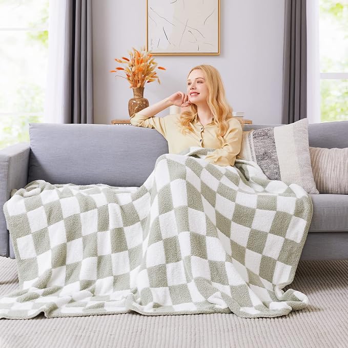 WRENSONGE Soft King Size Checkered Blanket for Bed-Cozy Knitted Blankets | Lightweight Fluffy Warm Decor for Women, Mom, Her & Girls, Sofa, Chair, Couch, 90x108in, Sage Green