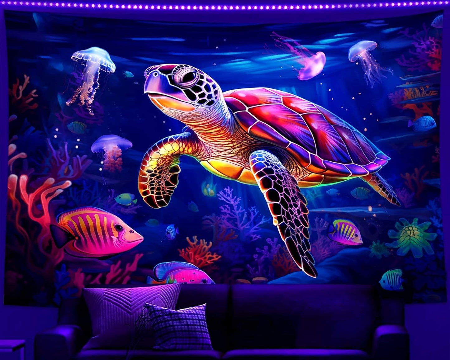 QGHOT Turtle Tapestry, Blacklight Ocean Tapestry Wall Hanging Undersea Black Light Poster for Kids Glow in the Dark for Bedroom Children Toddler Room Decor 37x29in