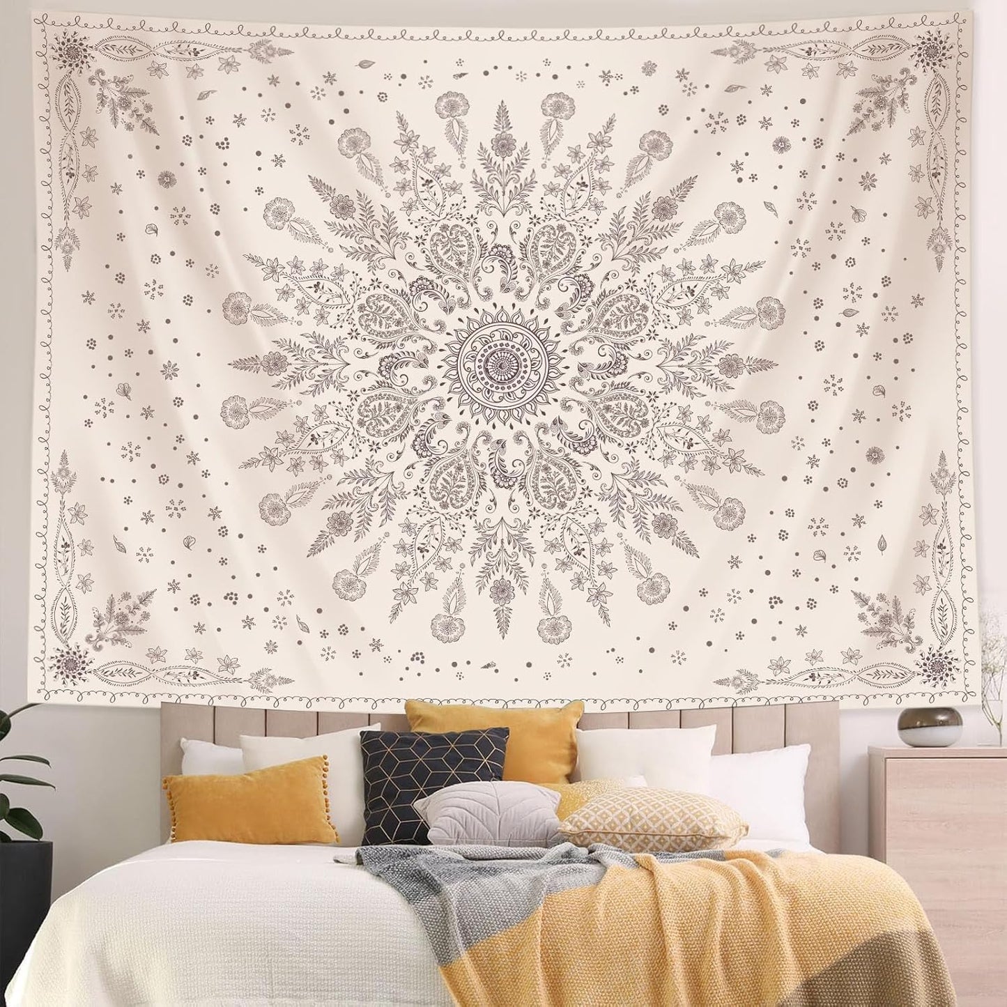 Lunerfex Boho Floral Tapestry Mandala Wall Tapestry, Cute Tapestries for Bedroom Beige Flower Tapestries Wall Hanging for Bedroom Living Room Decor Beige-1 44"x60"