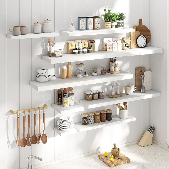 48 Inch Floating Shelves for Wall with Invisible Brackets Set of 2, 9"D Engineered Wood Wall Shelves with Wood Grain for Living Room, Bedroom, Bathroom, Kitchen Decor and Storage, White Finish