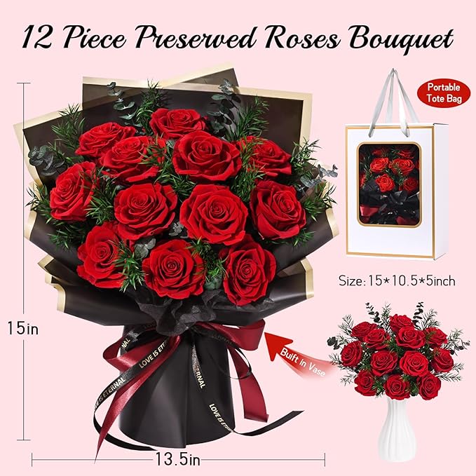 Flowers for Delivery Prime 12 Roses, Mothers Day Flowers for Mom, Mothers Day Gifts, Forever Roses Preserved Flowers Red Roses Bouquet Birthday Gifts for Women Gf Gifts Wedding Anniversary