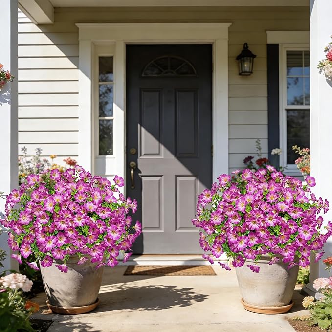 Ouddy Decor 24 Bundles Artificial Flowers for Outdoors, Fake Petunias Flowers Silk Morning Glory with Eucalyptus Faux Plants for Indoor Outside Spring Summer Yard Garden Porch Home Decor, Light Purple