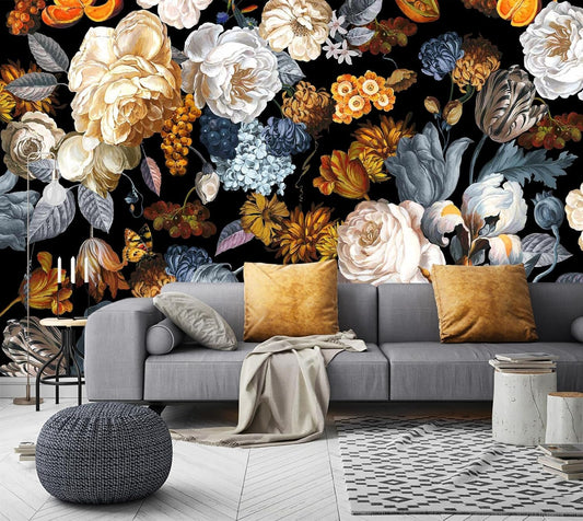 WFBHUA-Black and Gold Floral Wallpaper for Bedroom Vintage Blue Peony Flower Wall Mural (Not Peel and Stick)