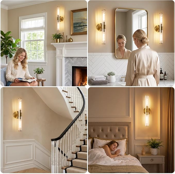 Rechargeable Wall Sconce Set of 2, Battery Operated Wall Sconce, Wireless Wall Lamp with Vertically Striped Glass Tube, Non-Hardwired Wall Sconces, Modern Vanity Light Fixtures for Bedroom, Hallway