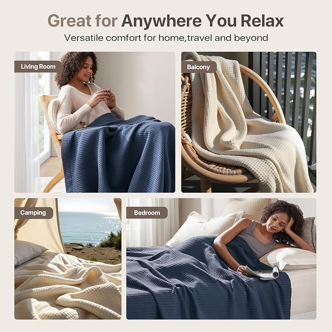 Madison Park 100% Cotton Blanket, Trendy Woven Waffle Weave Design, All Season, Lightweight, Breathable, Soft and Cozy Casual Summer Cover, for Bed, Couch and Sofa, King(108 in x 90 in), Indigo