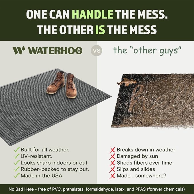 WaterHog Squares Front Door Mat Indoor Outdoor Entrance, Absorbent All-Weather Doormat with Non-Slip Rubber Backing, Dirt & Moisture Trapper, Low Profile, Easy Clean, Made in USA 45.5"x70" Medium Grey