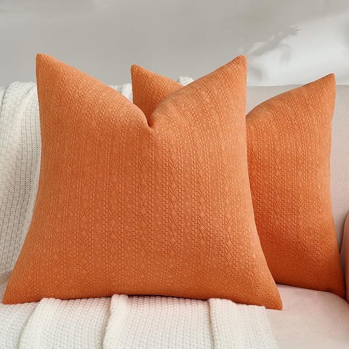 FUTEI Orange Chenille Throw Pillow Covers 16x16 Inch Set of 2,Soft Striped & Diamond Textured Cushion Cases,Modern Home Decor for Couch Living Room