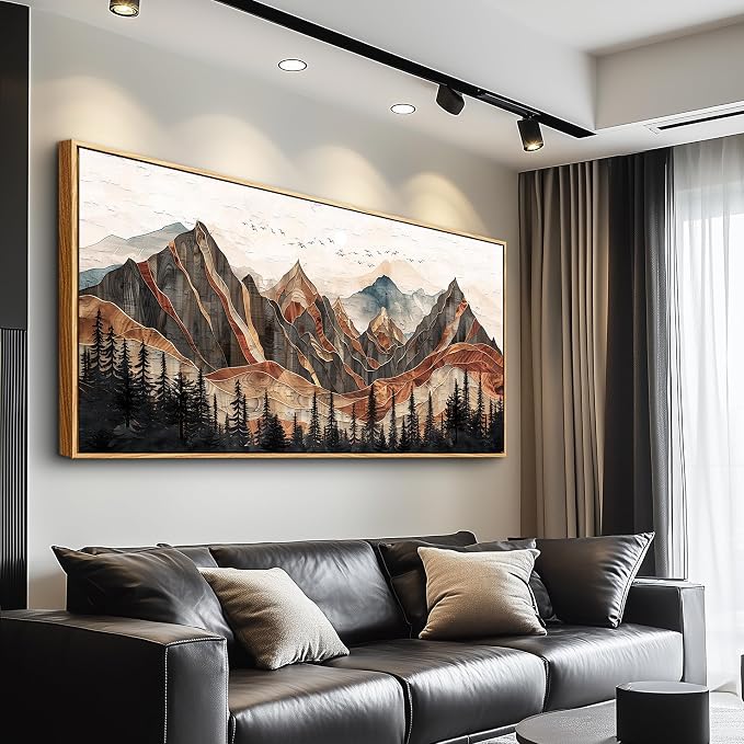 XIGUANGART Framed Boho Landscape Large Wall Art, Abstract Sun Mountain Canvas Wall Decor Painting, Modern Forest Botanical Aesthetic Poster Print Picture for Living Room Bedroom Home Office 30x60 Inch