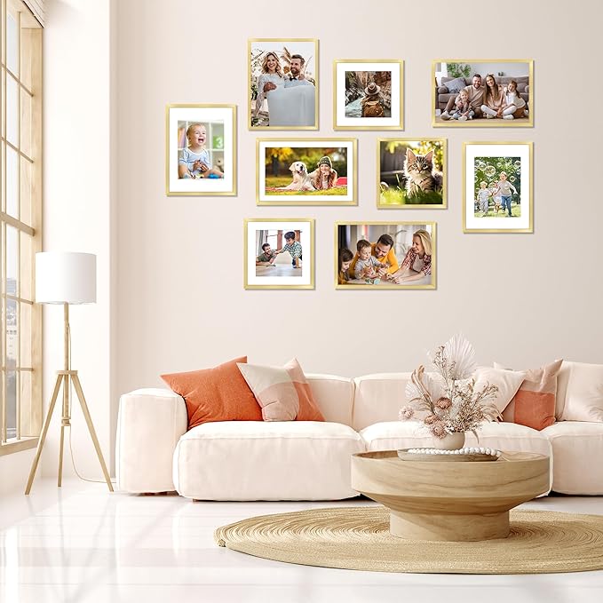 FIXSMITH 12x16 Picture Frame Gold Set of 2, Photo Frame with HD Plexiglass, Display Pictures 8.5x11 with Mat or 11x17 Without Mat, Gold Picture Frames Collage Wall Decor, Gallary Wall Frame