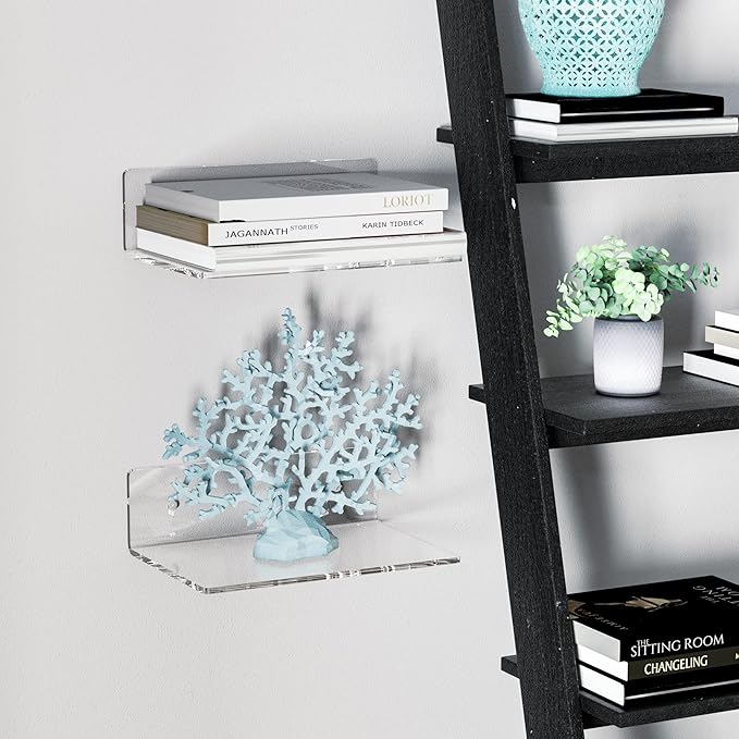 Sezanrpt 9 Inches Acrylic Wall Shelves 2 Pack, Floating Shelf for Wall Mounting, Acrylic Display Ledges for Funko Pop Figures, Home Décor, Living Room, Gaming Room, Plants(9 inch, Clear)