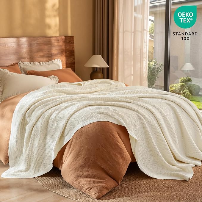 PHF Stone Washed 100% Cotton Waffle Blanket, Vintage Deep Honeycomb Texture, Breathable Thermal Blanket for Bed & Home Decor, All Season Layering - King, Undyed/Raw
