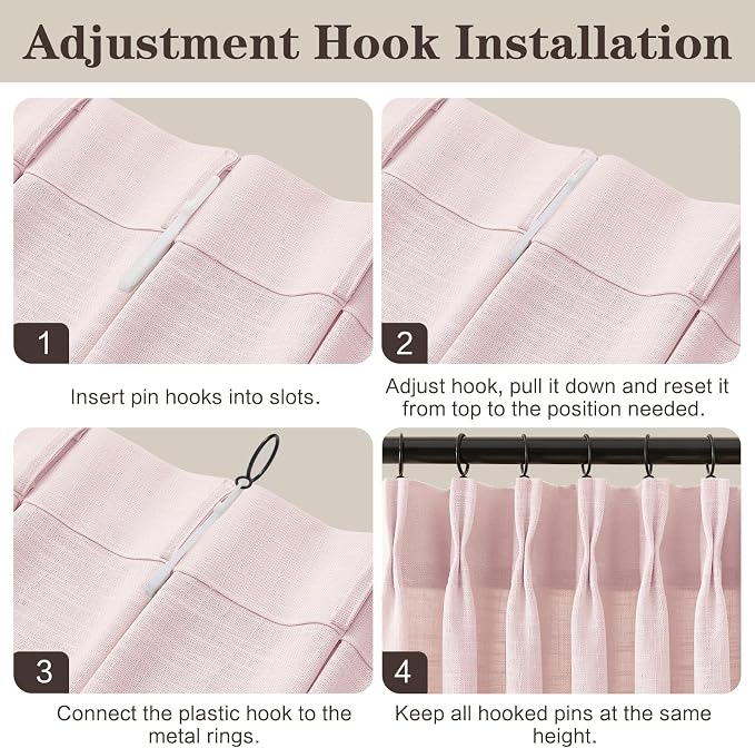Light Pink Pinch Pleated Linen Curtains 84 Inches Long for Baby Girls Bedroom, Light Filtering Pleat Drapes Textured Thick Memory Trained Semi-Sheer Curtain with Hooks for Nursery, 2 Panels, Blush