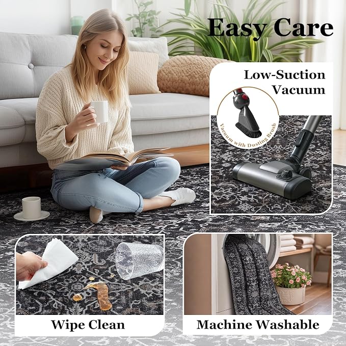 Washable Dark 5x8 Area Rugs, Vintage Farmhouse Earth Tone Carpet for Living Room Bedroom, Low Pile Thin Rug with Non Slip Rubber Backing for Dining Room Kitchen Home Office