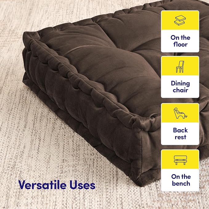 Floor Pillow Large Square Tufted Decorative Cushion 20" x 20" Faux Velvet Fabric Ultra Thick Fill for Kids and Adults, 2 Pack, Coffee Brown