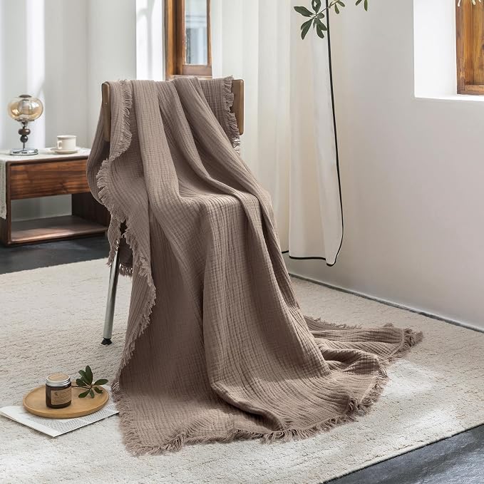 FOSSA Muslin Blanket 4-Layer 100% Cotton Gauze Blanket with Fringe 104"x90" | Super Soft Breathable Lightweight All Season & Decorative Blanket or Bed, Sofa, Office (Pale Brown, King )