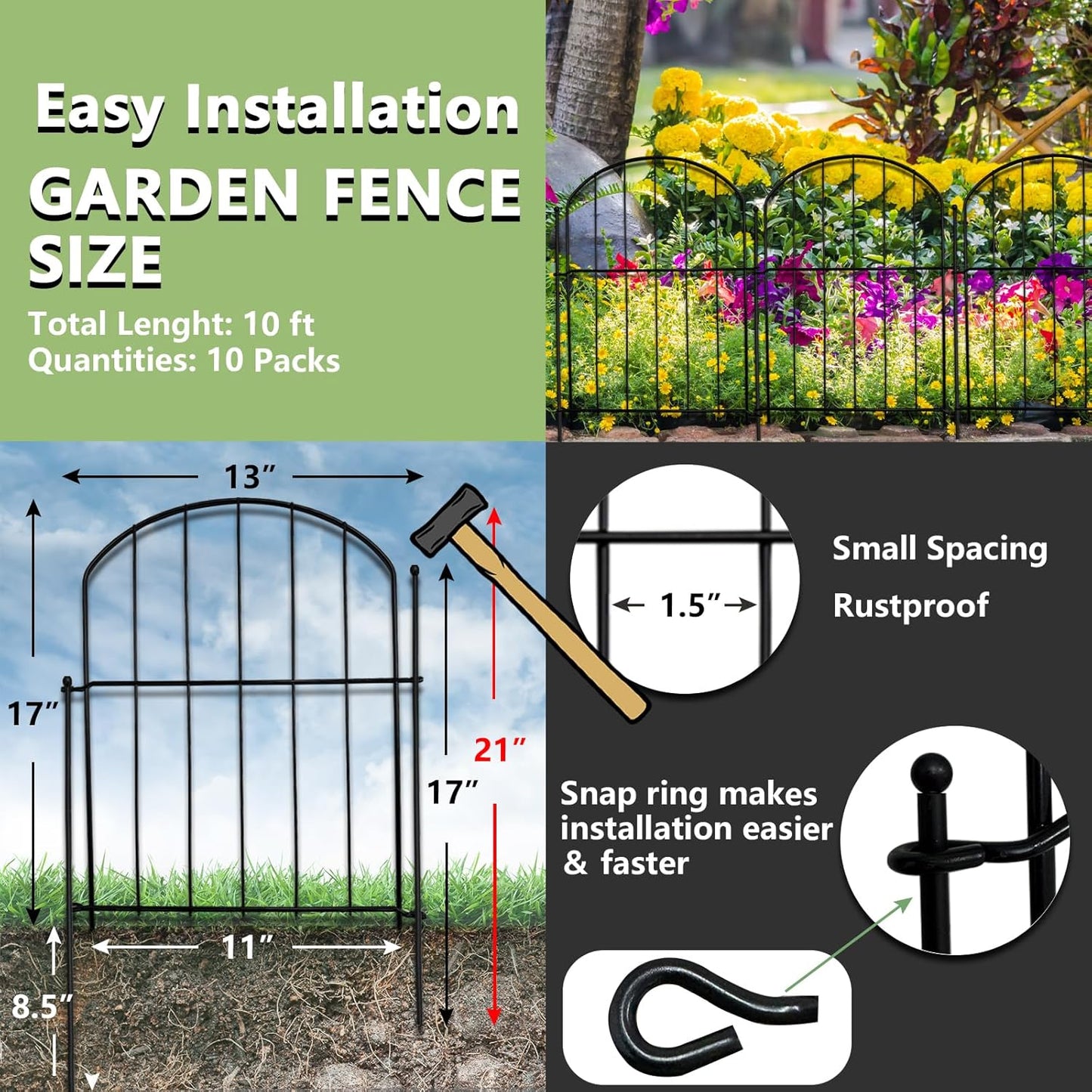 21in(H) x 10ft(L) 10 Panels Garden Fence Animal Barrier No Dig, Rustproof Arched Small Metal Fencing, 1.5in Gap Fence Border, Outdoor Decorative Fence for Yard Dogs Rabbits