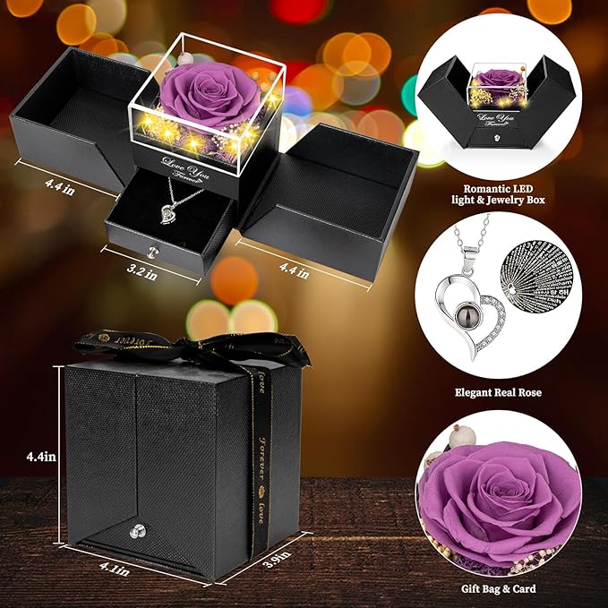 ENERLEAF Preserved Lavender Real Rose-Eternal Flowers Rose Gift for Mom Grandma Wife Girlfriend on Mothers Day Birthday Valentines Christmas Anniversary Romantic Gifts for Her with I Love You Necklace