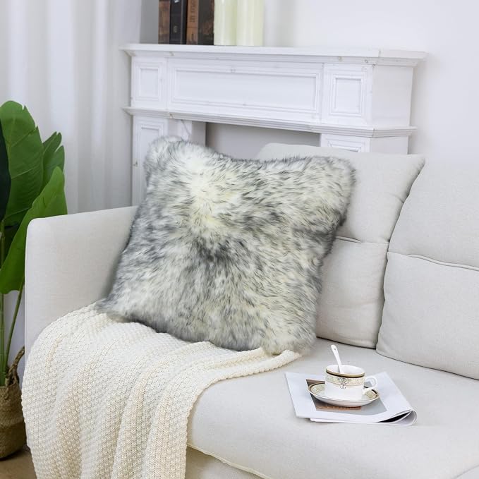 Luxury Soft Fur Sheepskin Fleece Cushion Cover Pillowcase Decorative Throw Pillows Covers, No Pillow Insert, (Silver Grey, Pack of 2)