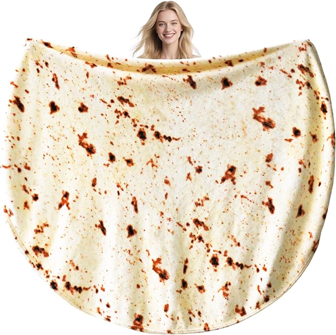 Vessia Burritos Tortilla Throw Blanket (Beige, 71 inches), Giant Realistic Funny Food Blanket for Adults and Teenagers, Novelty Double Sided Round Tortilla Wrap Home Decor for All Seasons