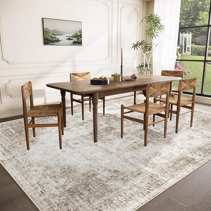 Area Rug 10x12 Washable Rug, Vintage Boho Medallion Rugs Non-Slip Soft Low Pile Large Distressed Rug Indoor Retro Carpet for Living Room Bedroom Dining Room Home Office (Taupe, 10'x12')
