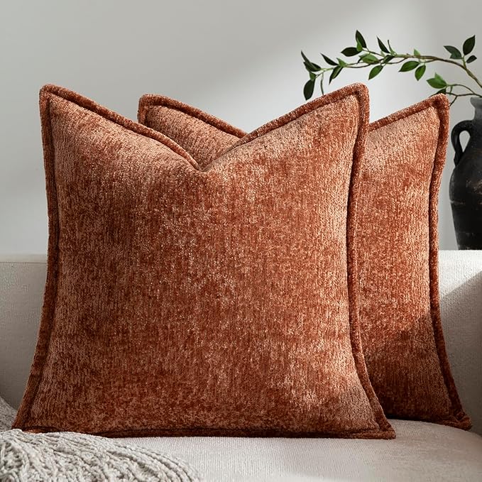 DEZENE Pack of 2 Burnt Orange Fall Decorative Throw Pillow Covers 22x22 Cozy Soft Chenille Accent Vintage Square Couch Pillow Covers for Home Decor Bed Sofa Living Room