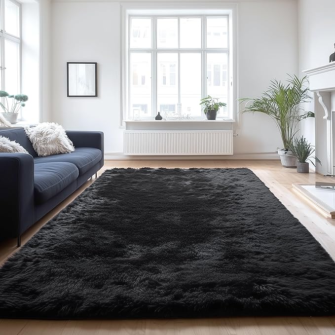 PAGISOFE Fluffy Shaggy Area Rug for Living Room 5x8 Ft,Soft Fuzzy Rugs for Bedroom Shagg Carpet for Kids Girls Boys Dorm Room Furry Rugs for Nursery Playroom Fluffy Toddler Room Rug Black