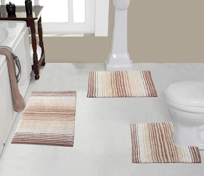 Home Weavers 100% Cotton Gradiation Collection Bathroom Décor | Washable Rug | Bathroom Mat | Kitchen Mat | Bathroom Rug Set | Bath Mat Set | Bath Floor Mat Non Slip, 3 Piece Set with Contour, Beige