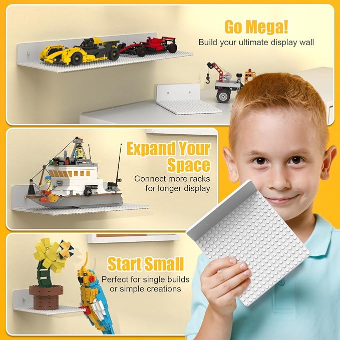 BlissBox 12-Pack Floating Shelves for Wall Compatible with Lego Building Bricks, 5x5.5inch Dual‑Sided 16x17 Studs for Toy Brick Storage and Display, ABS Display Shelves for Room Decor, White