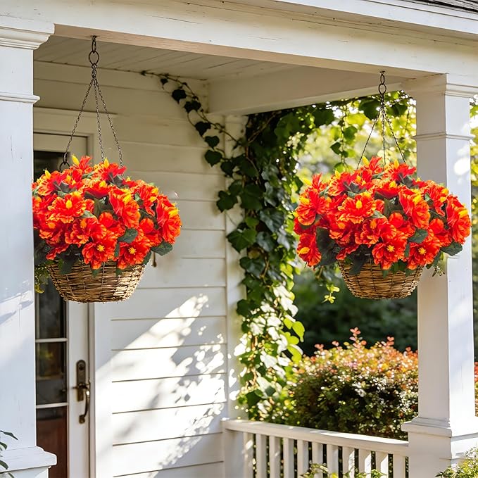 Grunyia Artificial Hibiscus Flowers 5 Bundles, UV Resistant Fake Tropical Flowers Realistic Silk Blooms for Outdoor Planter Garden Patio Porch Window Box Home Decor (Orange)