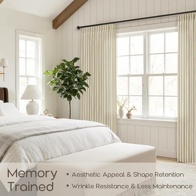 Pinch Pleated Extra Wide Cream Curtains 120 Inch Long 1 Panel Farmhouse Boho Semi Sheer Pleat Curtain for Living Room Bedroom Back Tab Rings Warm Ivory Beige Extra Long Sliding Door Drapes 70W