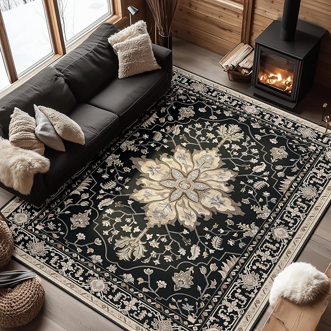 RELEANY Area Rugs 6'x9' Washable Non-Slip, Floral Vintage Distress Print Pattern Medallion Carpet for Living Room Bedroom Dining Room, Black Brown Neutral Dark Tan