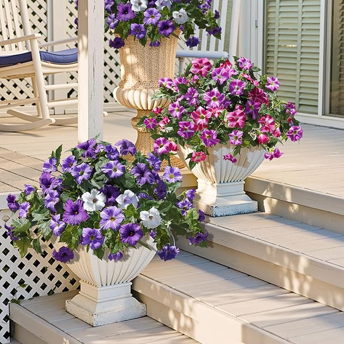 HyeFlora Artificial Flowers for Outdoors 2PCS Faux Petunias Silk Fake Flowers for Outside Planter UV Resistant Realistic Home Garden Porch Decor (Purple)