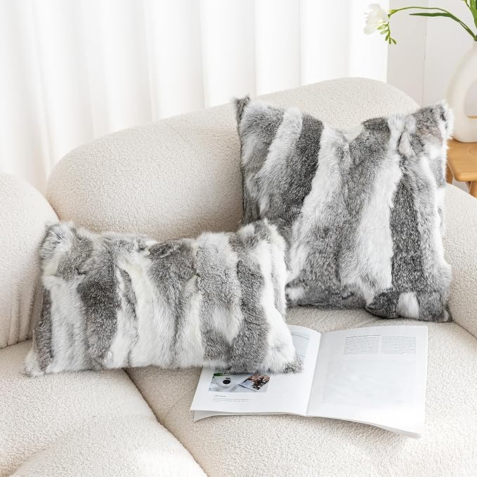 Genuine Rabbit Fur Pillow Covers Set of 2, Luxury Decorative Throw Pillowcases Fluffy Animal Skin Accents Bolster Cushion Cover for Couch Sofa Bedroom Living Room Home,12x20inch, Grey