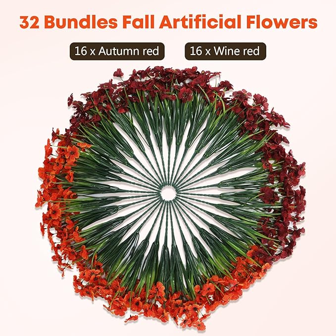 Geegoods Artificial Mum Flowers for Outdoors, 32 Bundles UV Resistant Faux Plastic Mum Flowers for Halloween Front Door Porch Patio Yard Balcony Decor